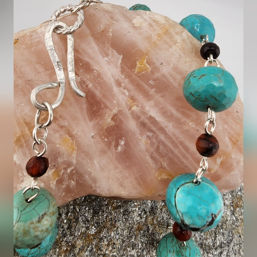 TURQUOISE, CARNELIAN, & DENDRITIC AGATE NECKLACE HANDMADE IN STERLING SILVER - Picture 5 of 9